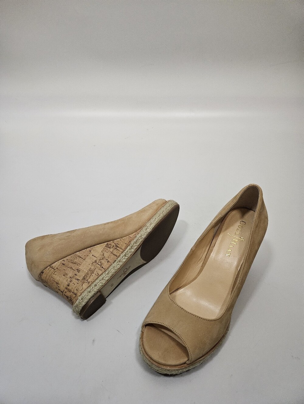 Cole Haan Peep Toe Wedge Espadrille Tan Suede  Womens 6B